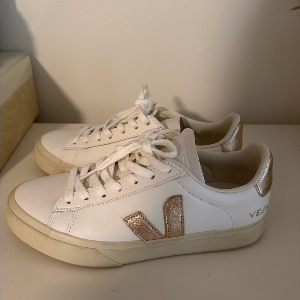 Veja White Leather Sneakers with Tan Accents - Picture 4 of 5